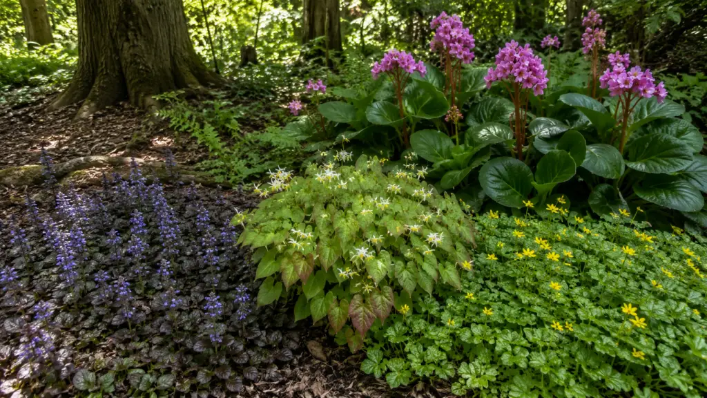 Kriechender Günsel, Elfenblume, Waldsteinie und Bergenie als winterharte Bodendecker im Gartenbeet