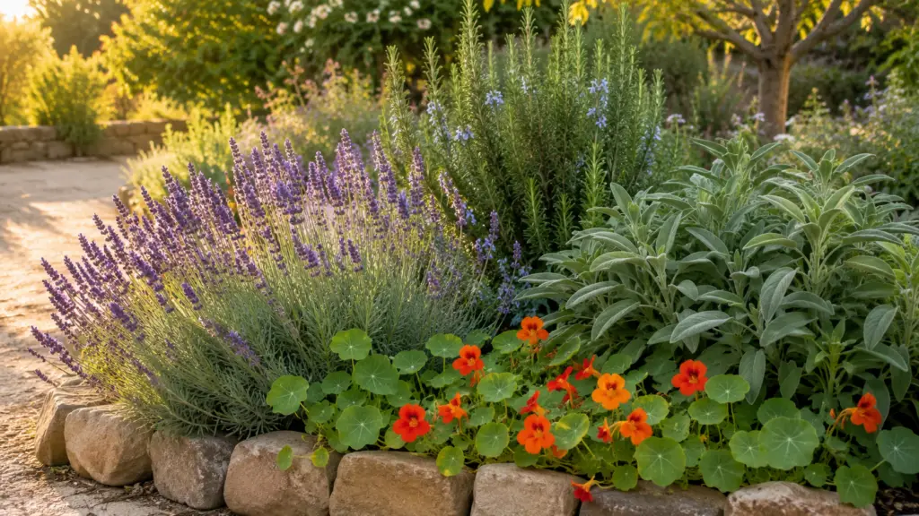 Lavendel, Rosmarin, Salbei und Kapuzinerkresse als natürlicher Schneckenschutz im Gartenbeet