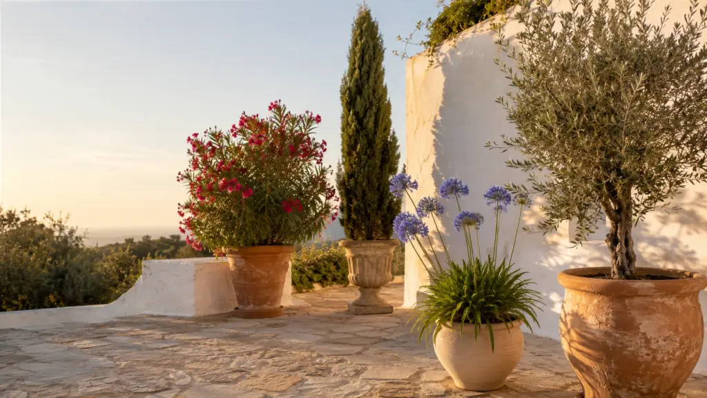 Oleander, Zypresse, Agapanthus und Olivenbaum als mediterrane Kübelpflanzen auf einer sonnigen Terrasse