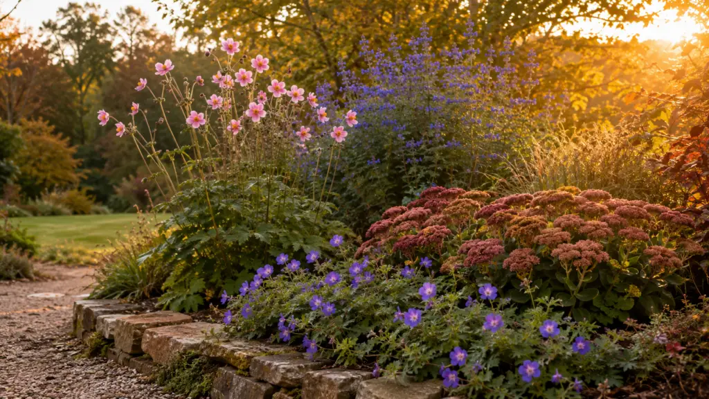 Herbst-Anemone, Bartblume, Fetthenne und Storchschnabel Rozanne im herbstlichen Gartenbeet