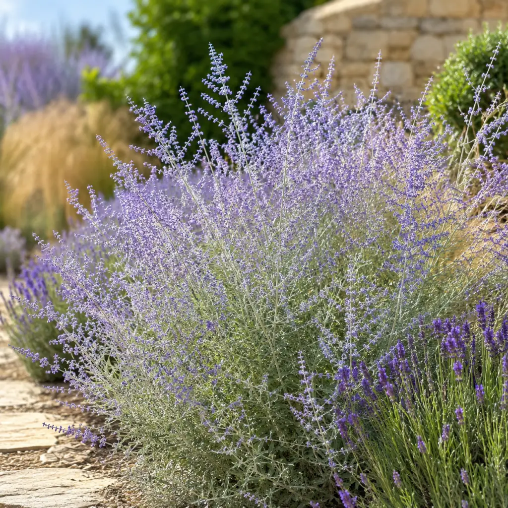 Blauraute mit violett-blauen Blütenähren und silbrigem Laub im sonnigen Staudenbeet