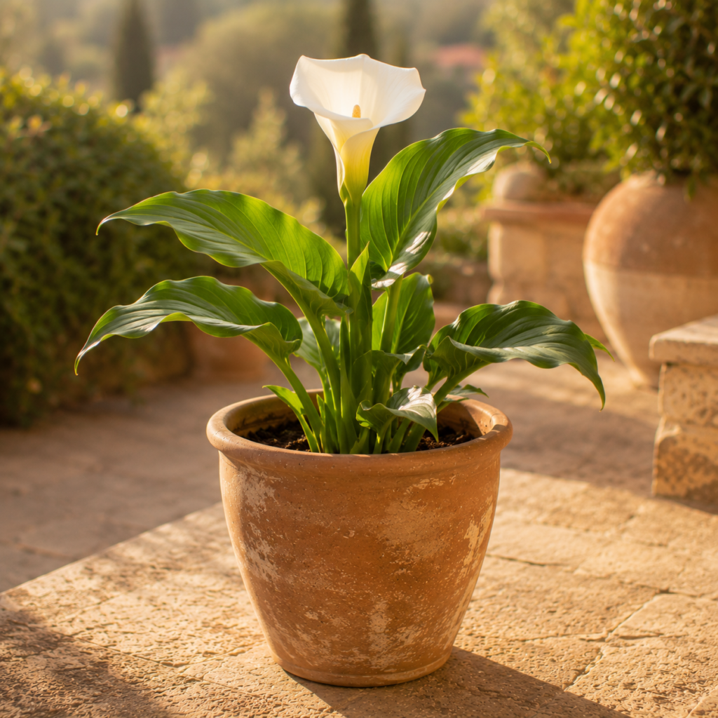 Weiße Calla im Terrakotta-Kübel auf einer sonnigen Terrasse mit warmen Naturtönen im Hintergrund