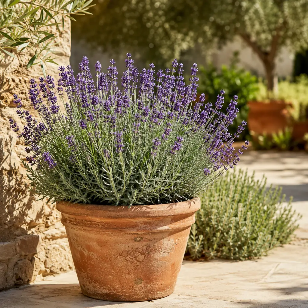 Echter Lavendel pflegen im sonnigen Terrakotta-Kübel mit violetten Blüten und silbrig-grünem Laub