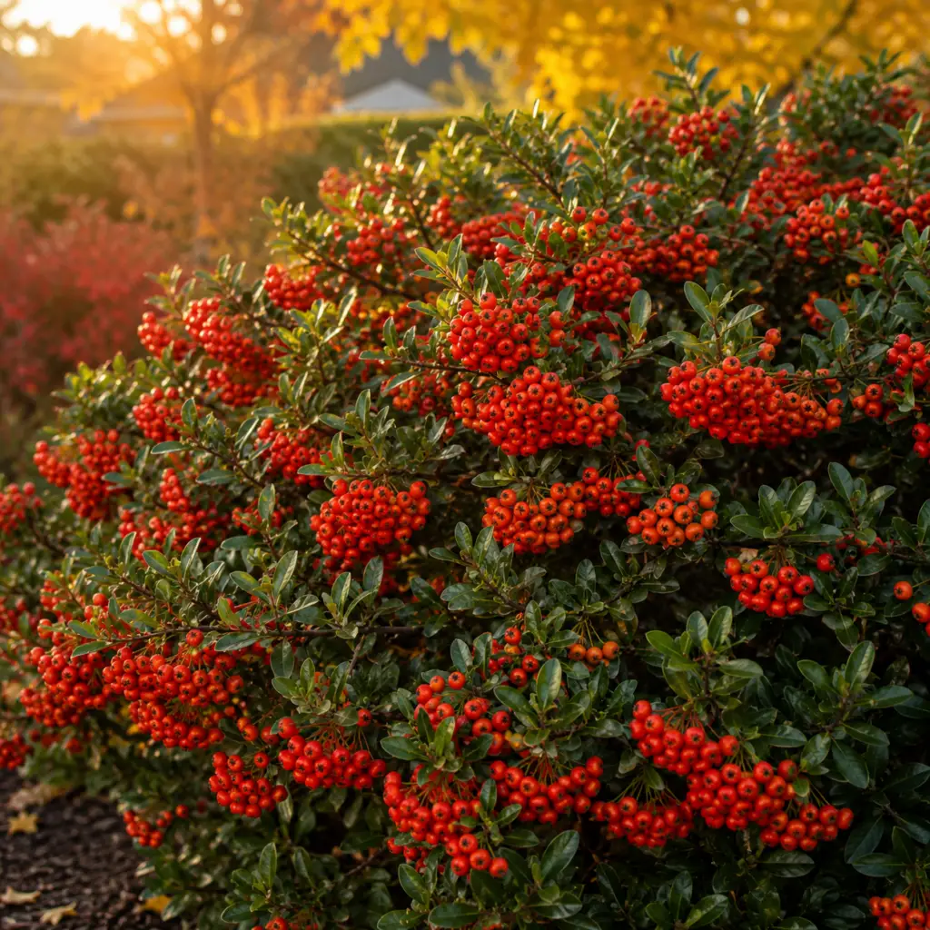Feuerdorn mit leuchtend roten Beeren im Gartenbeet, Herbst
