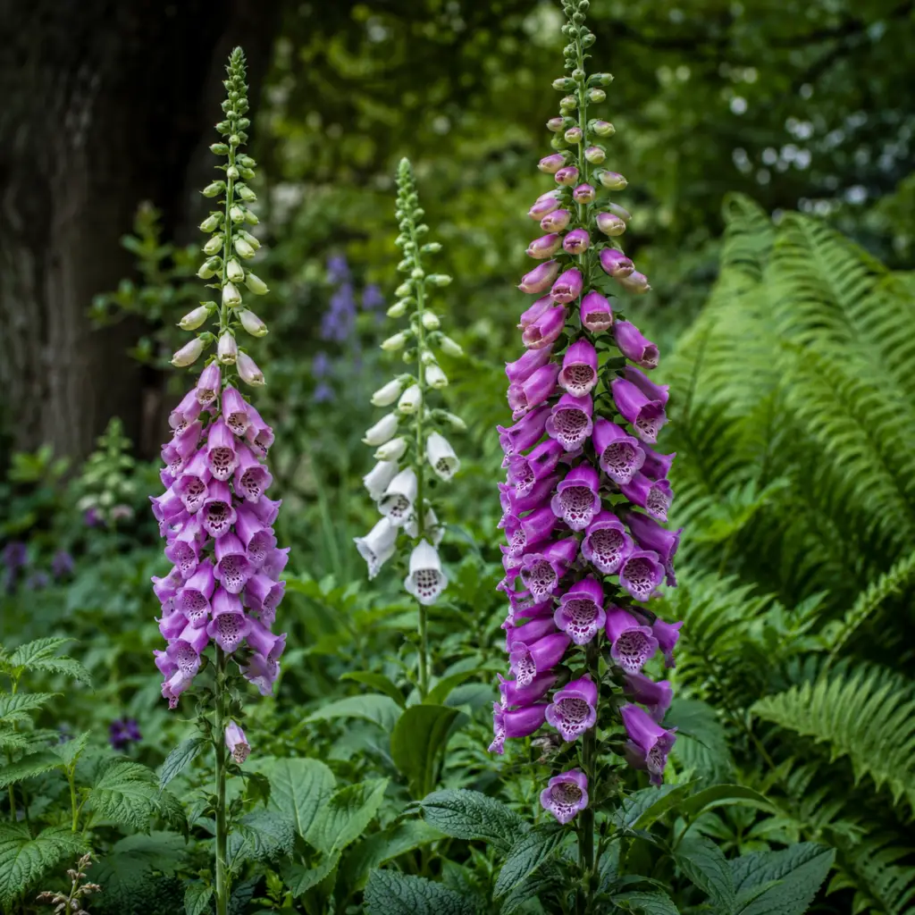 Fingerhut mit lila-rosa Blütenkerzen an Gehölzrand im halbschattigen Naturgarten