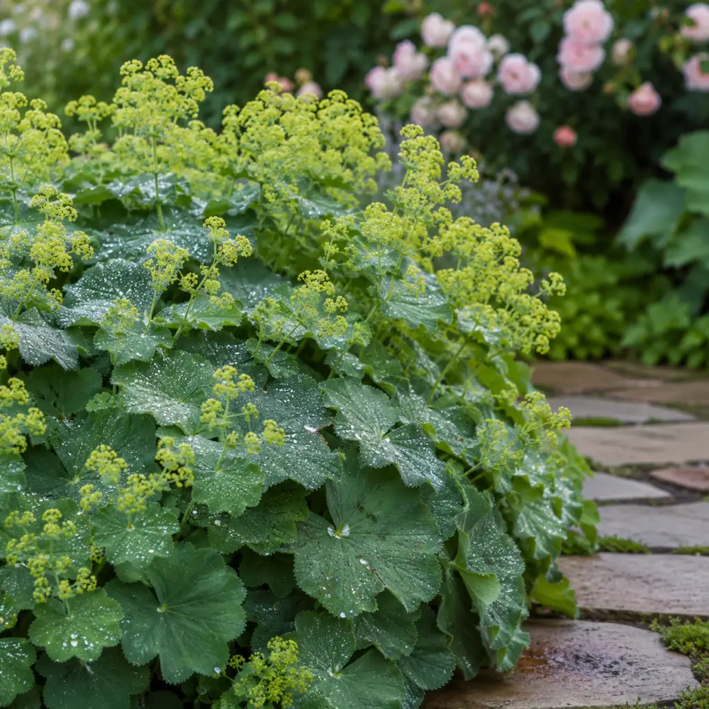 Frauenmantel mit samtig-grünen Blättern und gelbgrünen Blüten als Beeteinfassung im Garten