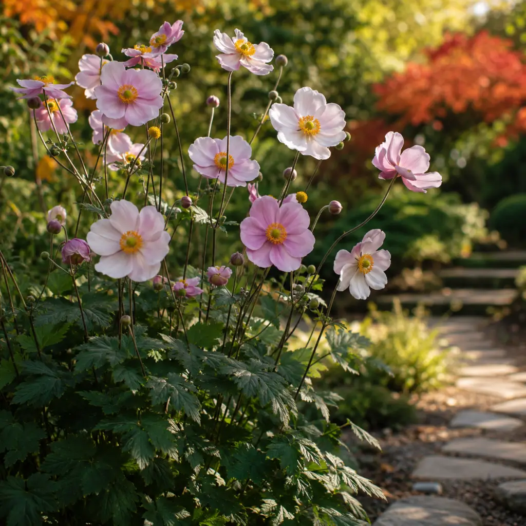 Herbst-Anemone mit zarten rosa Blüten auf langen Stielen im herbstlichen Gartenbeet