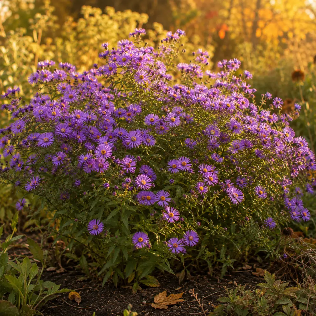 Herbst-Aster mit lila Blüten im Gartenbeet, warme Herbststimmung