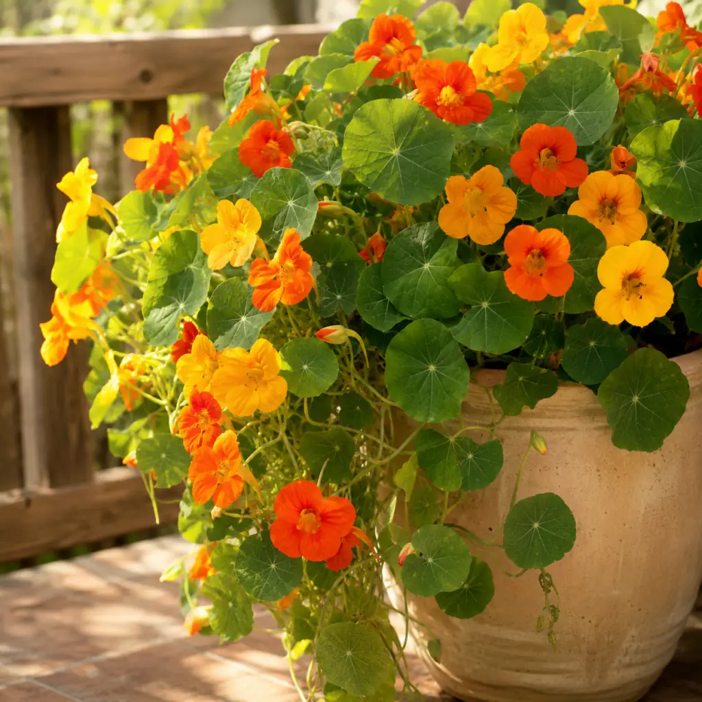 Kapuzinerkresse mit leuchtend orangefarbenen Blüten und runden Blättern in Terrakottatopf auf sonnigem Balkon