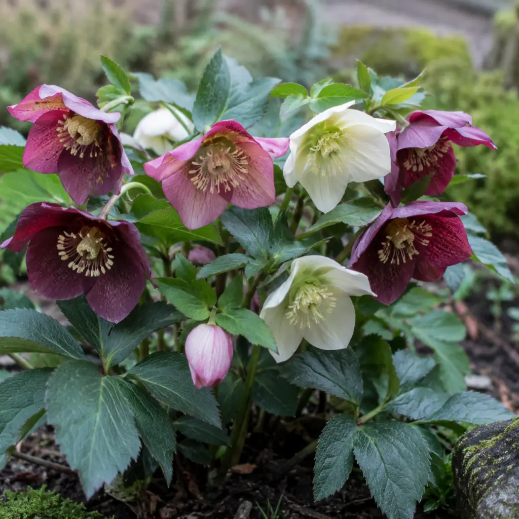 Lenzrose mit dunkelroten und cremefarbenen Blüten in schattigem Gartenbeet im zeitigen Frühjahr