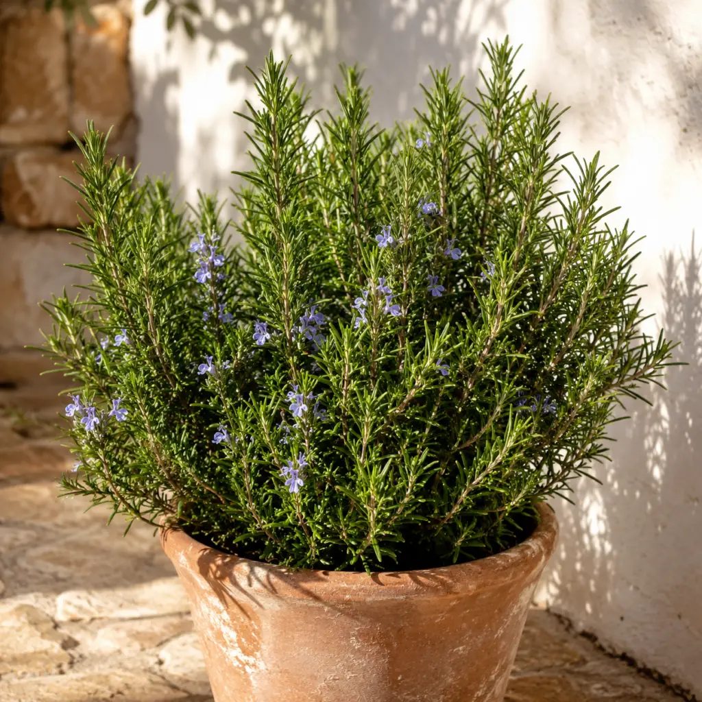Rosmarin mit nadelartigen Blättern und blauen Blüten in Terrakottatopf auf sonniger mediterraner Terrasse