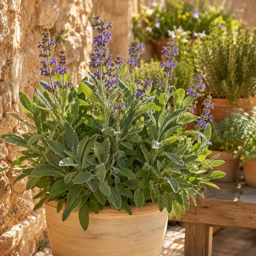 Salbei mit silbrig-grünen Blättern und lila Blüten in Terrakottatopf auf sonniger Terrasse