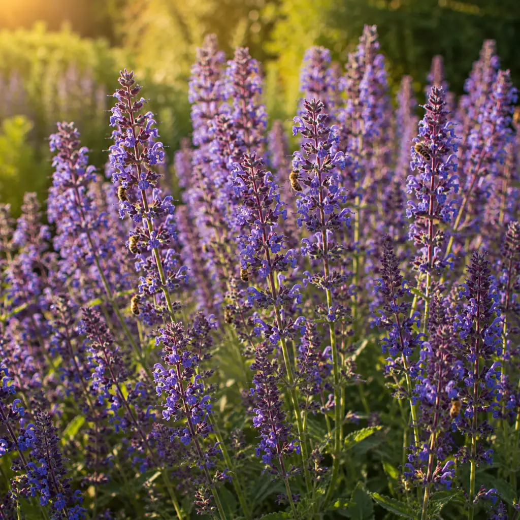 Alt-Text: Violett blühender Steppen-Salbei im sonnigen Staudenbeet, von Bienen umschwärmt