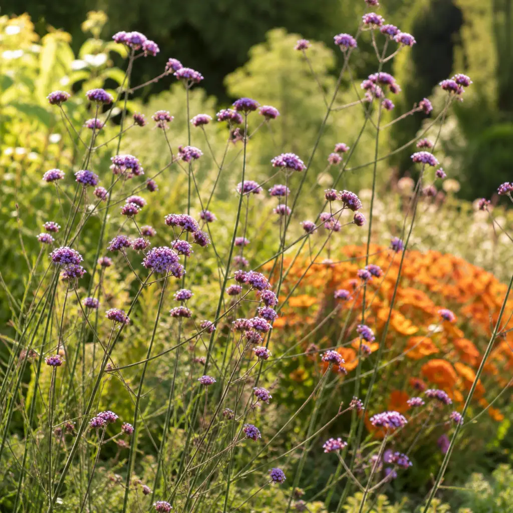 Verbena bonariensis mit violetten Blütendolden auf langen Stielen im sonnigen Staudenbeet