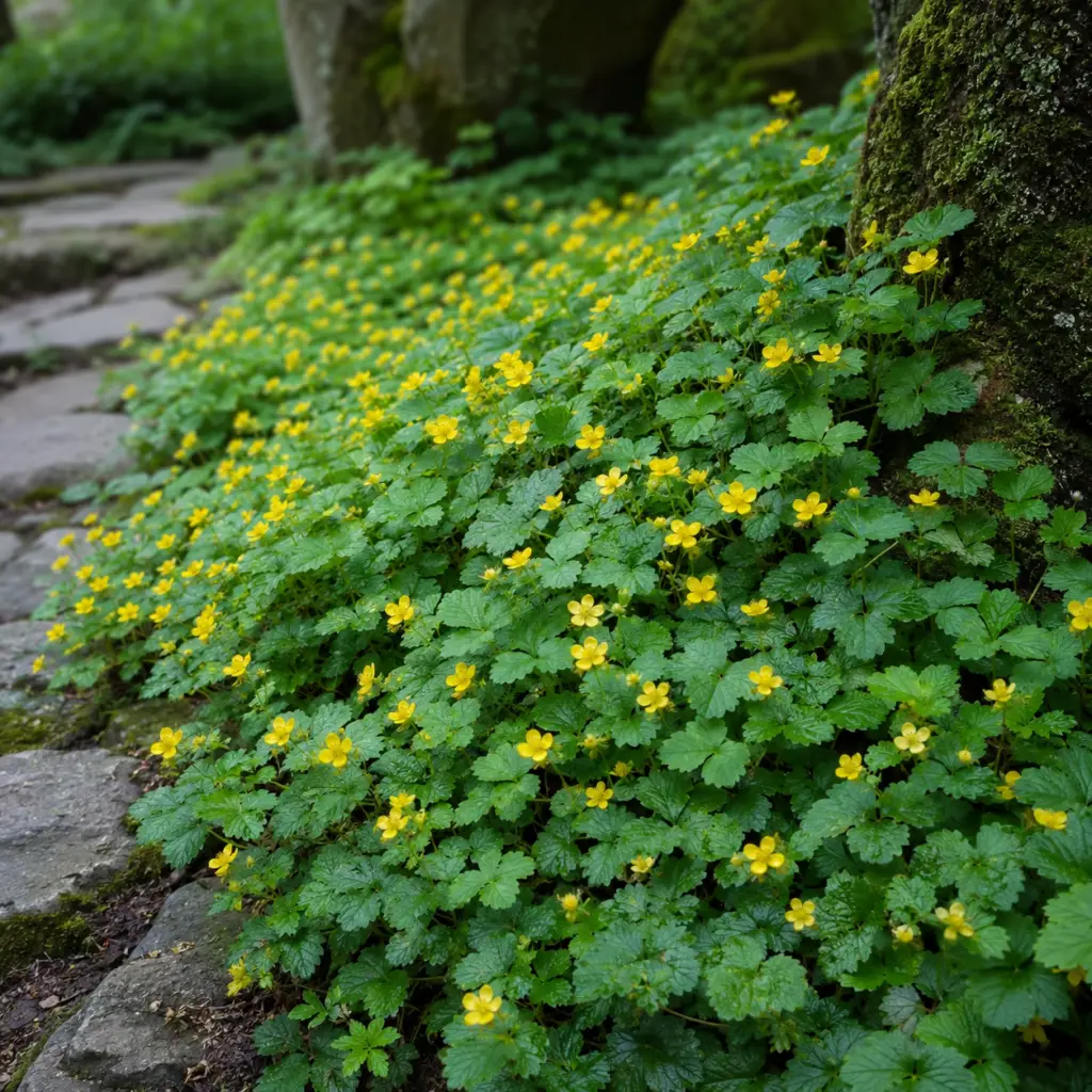 Waldsteinie als dichter immergrüner Bodendecker mit gelben Frühlingsblüten unter Laubbäumen