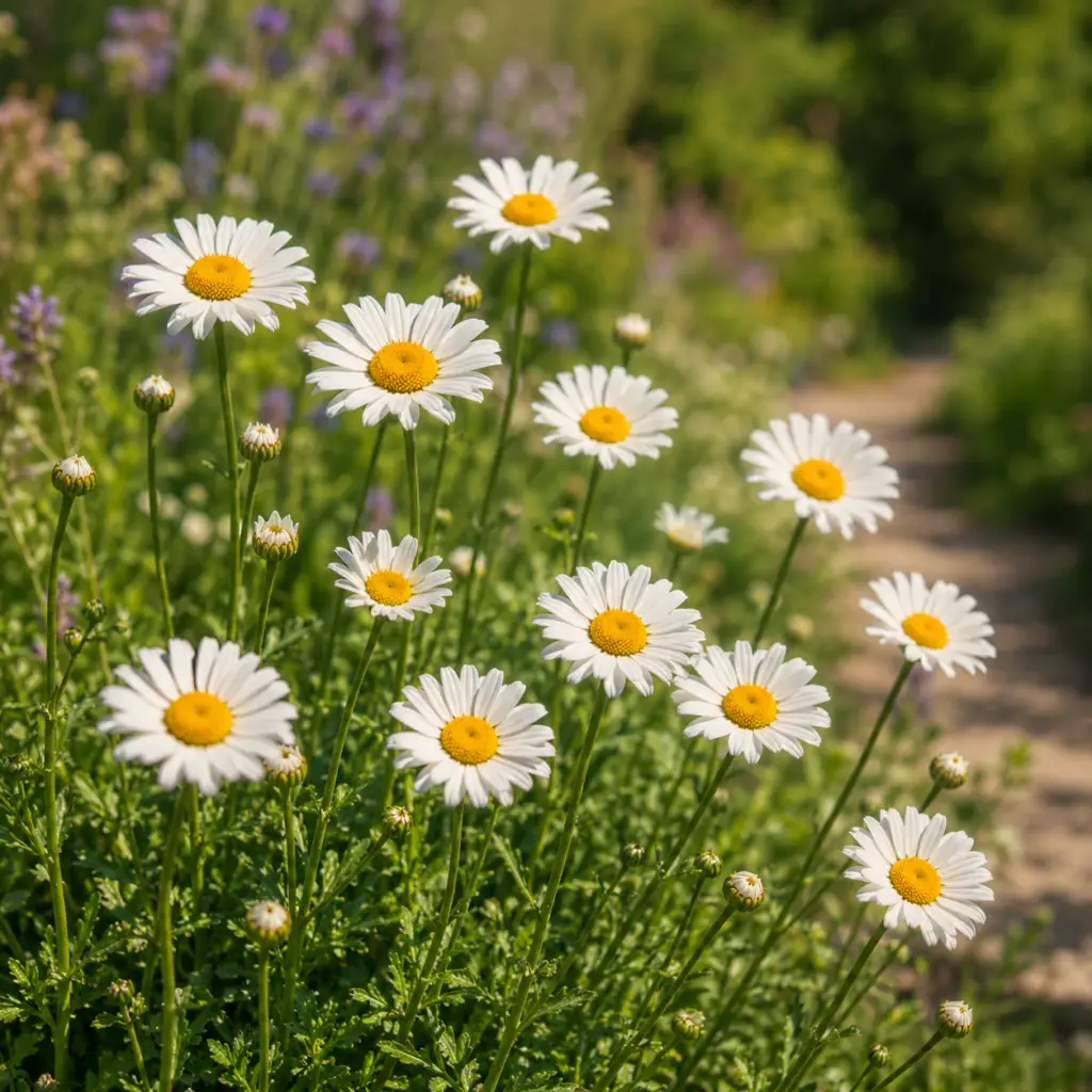 Wiesen-Margerite mit weißen Blüten und gelbem Herz in naturnahem Gartenbeet mit Wiesenflair