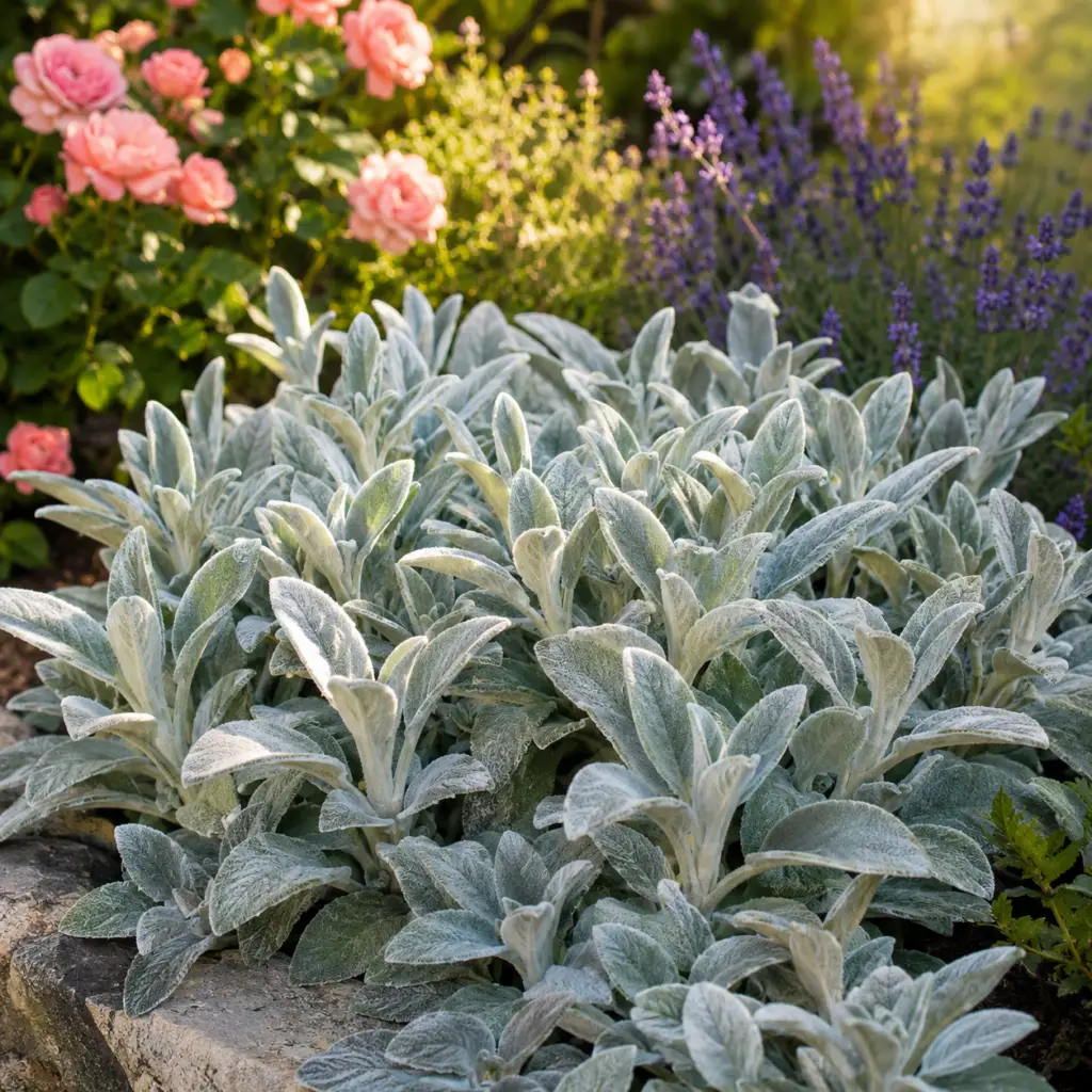 Wollziest mit silbrig-weißen samtig behaarten Blättern als Bodendecker im sonnigen Gartenbeet neben Rosen