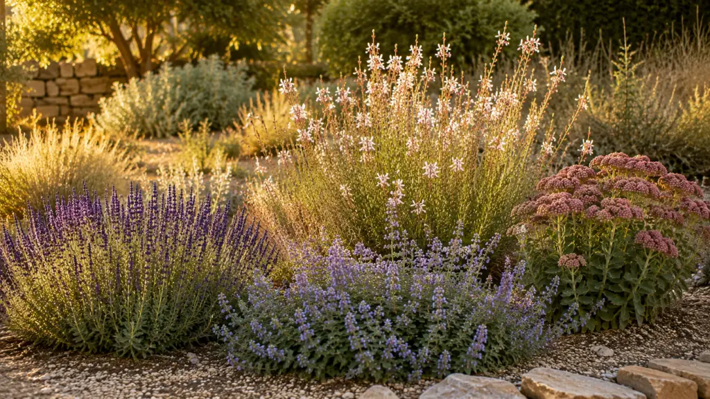 Pflanzen für trockene Böden mit Prachtkerze, Katzenminze, Lavendel und Fetthenne im sonnigen Staudenbeet
